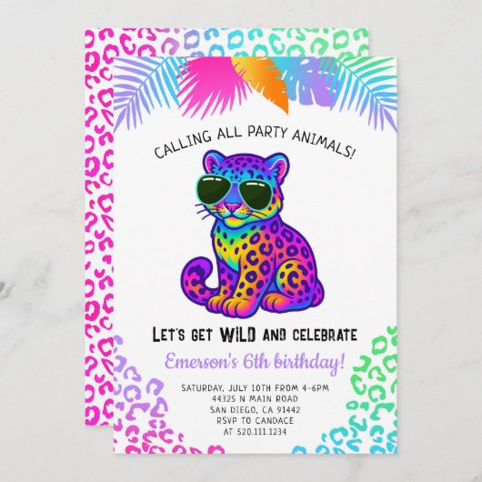 Rainbow Leopard Party Animals Birthday Invitation 招待状 (正面/裏面)