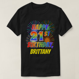 Rainbow Look HAPPY 21st誕生日；花火+名前 Tシャツ