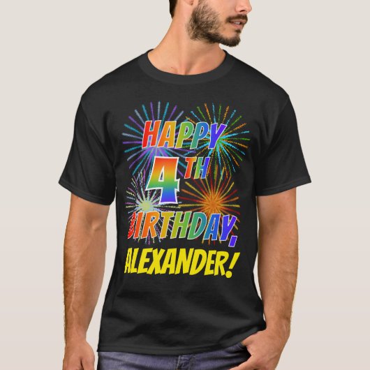 Rainbow Look HAPPY 4th Birthday; Fireworks +名前 Tシャツ (正面)