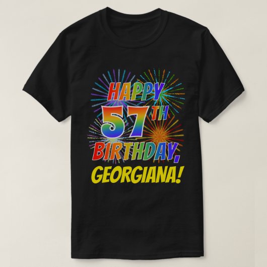Rainbow Look HAPPY 57th誕生日; Fireworks +名前 Tシャツ (デザイン正面)
