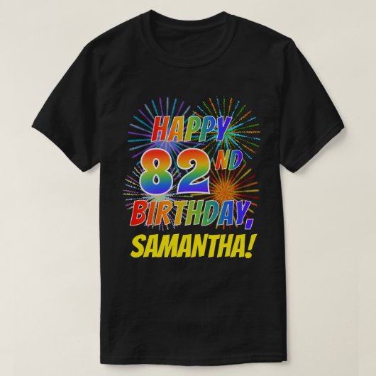 Rainbow Look HAPPY 82ND誕生日；花火+名前 Tシャツ (デザイン正面)