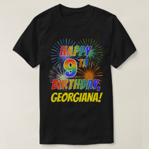 Rainbow Look HAPPY 9th誕生日; Fireworks +名前 Tシャツ
