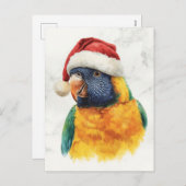 Rainbow Lorikeet in Santa Hat Watercolor シーズンポストカード (正面/裏面)