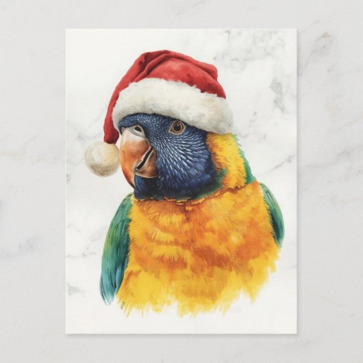 Rainbow Lorikeet in Santa Hat Watercolor シーズンポストカード (正面)