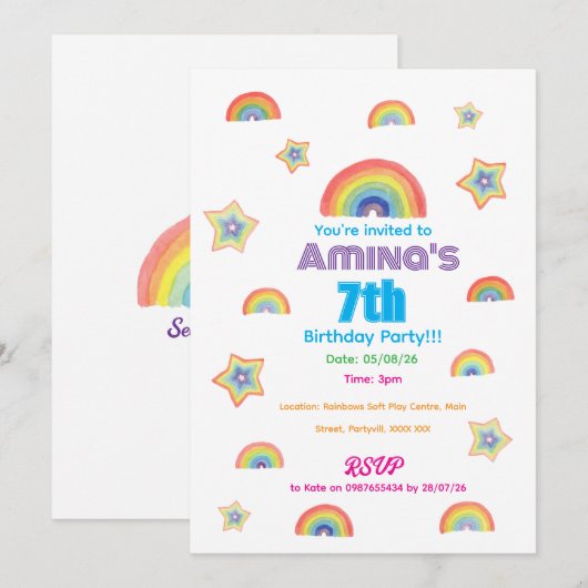 Rainbow Magic Childrens Birthday Invitation 招待状 (正面/裏面)
