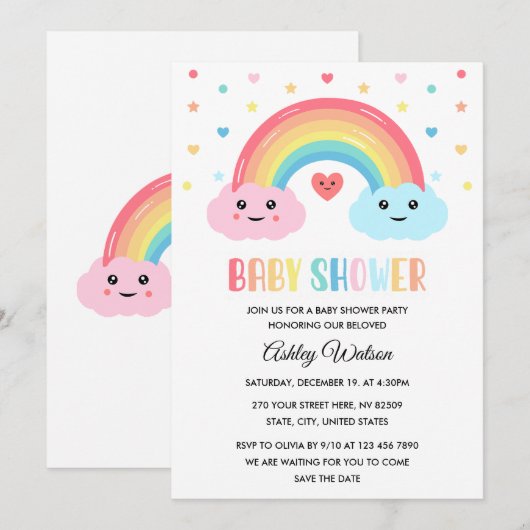 Rainbow Miracle Baby Shower 招待状 (正面/裏面)