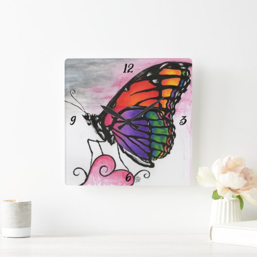 Rainbow Monarch Butterfly Original Fantasy Art スクエア壁時計 (ホーム)