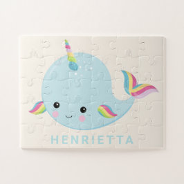 Rainbow Narwhal Kawaii Pattern Pastel Blue Name ジグソーパズル
