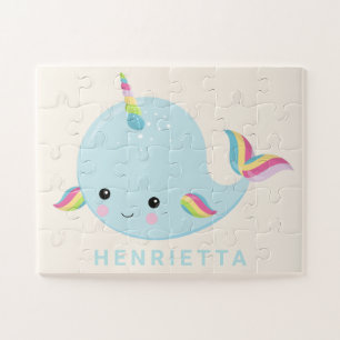 Rainbow Narwhal Kawaii Pattern Pastel Blue Name ジグソーパズル