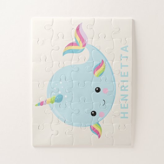 Rainbow Narwhal Kawaii Pattern Pastel Blue Name ジグソーパズル (縦)