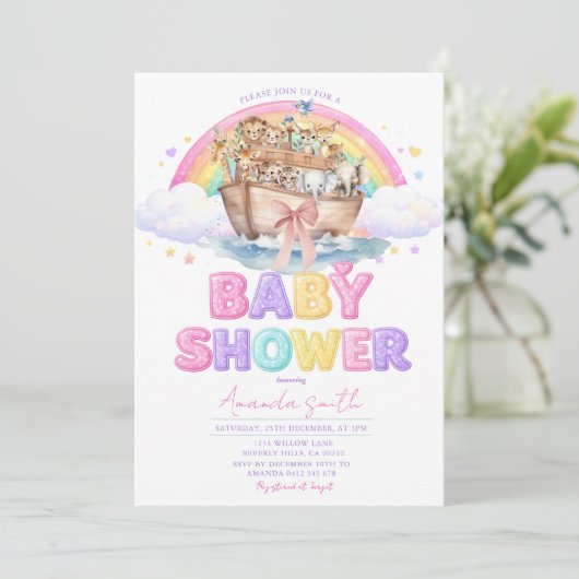 Rainbow Noah’s Ark Baby Shower Glitter Invitation 招待状 (スタンド正面)