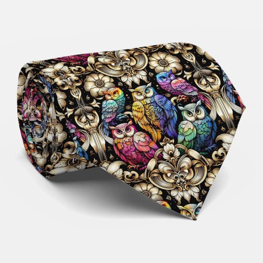 Rainbow Owl Art Deco Art Nouveau Necktie ネクタイ (ロール)