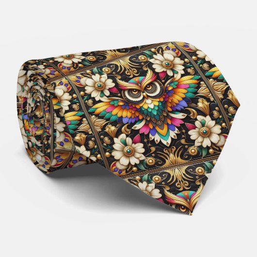 Rainbow Owl Art Deco Necktie – Black, White & Gold ネクタイ (ロール)