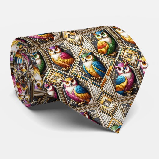 Rainbow Owl Art Deco Necktie – Black, White & Gold ネクタイ (ロール)