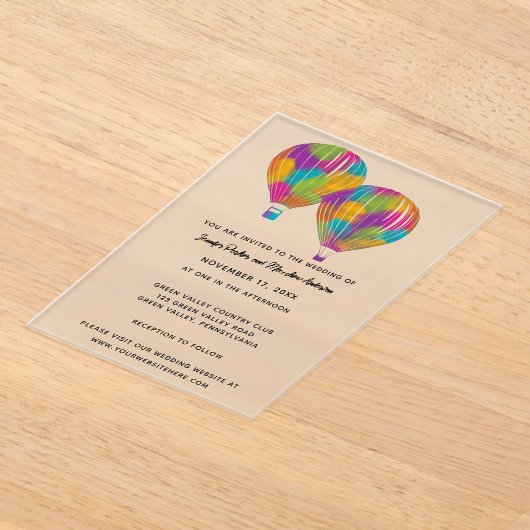 Rainbow Painted Hot Air Balloons Custom Wedding アクリル招待状 (レイダウン)