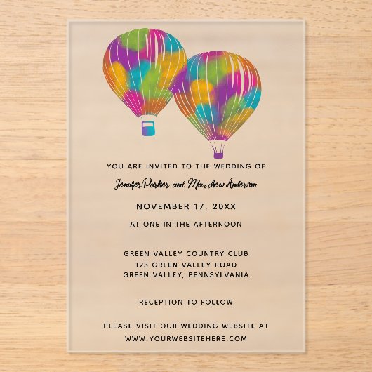 Rainbow Painted Hot Air Balloons Custom Wedding アクリル招待状 (正面)