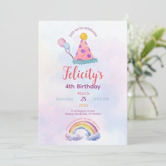 Rainbow Pastel Unicorn Any Age Birthday  招待状 (スタンド正面)