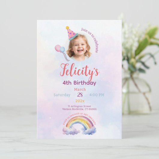 Rainbow Pastel Unicorn Any Age Birthday  招待状 (スタンド正面)