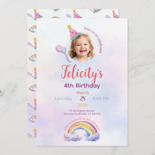 Rainbow Pastel Unicorn Any Age Birthday  招待状 (正面/裏面)