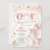 Rainbow Pastel Unicorn One Magical Year Birthday 招待状 (正面)