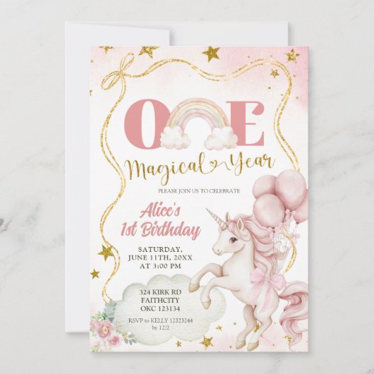 Rainbow Pastel Unicorn One Magical Year Birthday 招待状 (正面)