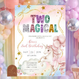 Rainbow Pastel Unicorn Two Magical 2歳の誕生日を祝おう 招待状