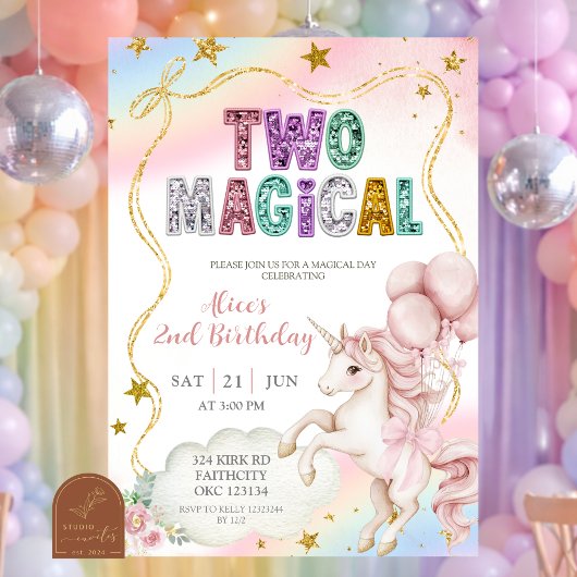 Rainbow Pastel Unicorn Two Magical 2歳の誕生日を祝おう 招待状