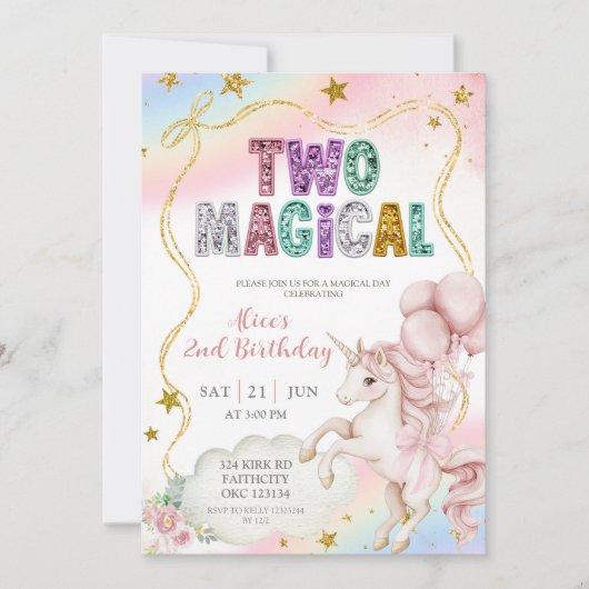 Rainbow Pastel Unicorn Two Magical 2nd birthday In 招待状 (正面)