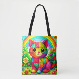 Rainbow Patchwork Cat Art トートバッグ