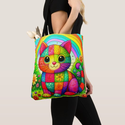 Rainbow Patchwork Cat Art トートバッグ (クローズアップ)