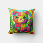Rainbow Patchwork Whimsical Colorful Kitty クッション (正面)