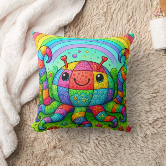 Rainbow Patchwork Whimsical Colorful Octopus クッション (ブランケット)