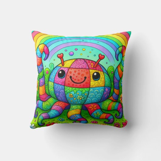 Rainbow Patchwork Whimsical Colorful Octopus クッション (裏面)