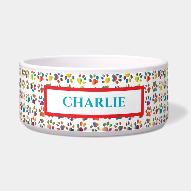 Rainbow Paw Prints Dog Bowl ボウル (正面)