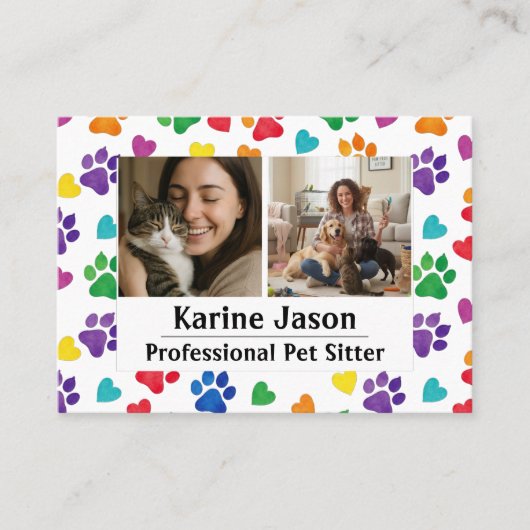 Rainbow Paw Prints  Hearts Customizable Pet Sitter 名刺 (正面)