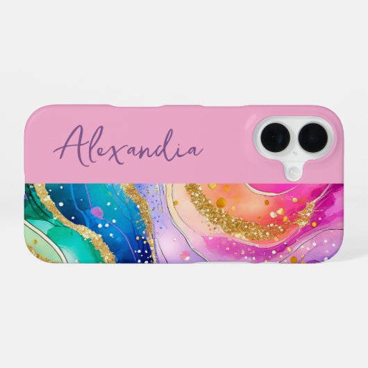  Rainbow Pink Personal Name iPhone 16ケース (裏面横)