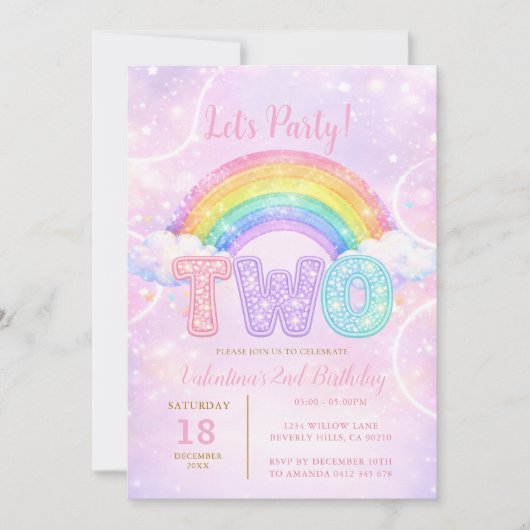 Rainbow Pink Purple Glitter Second Birthday Party 招待状 (正面)