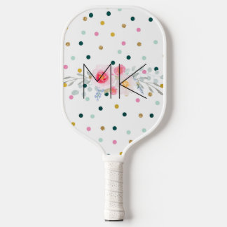 Rainbow Polka Dot Faux Gold Peony Monogram ピックルボールラケット