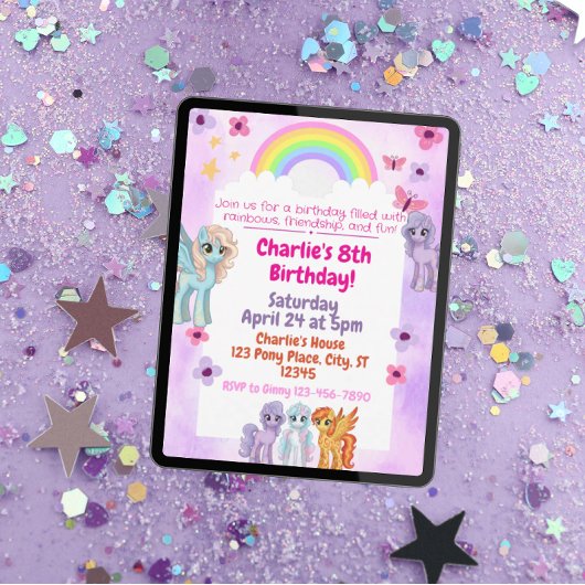 Rainbow Pony Birthday Party Invitation 招待状