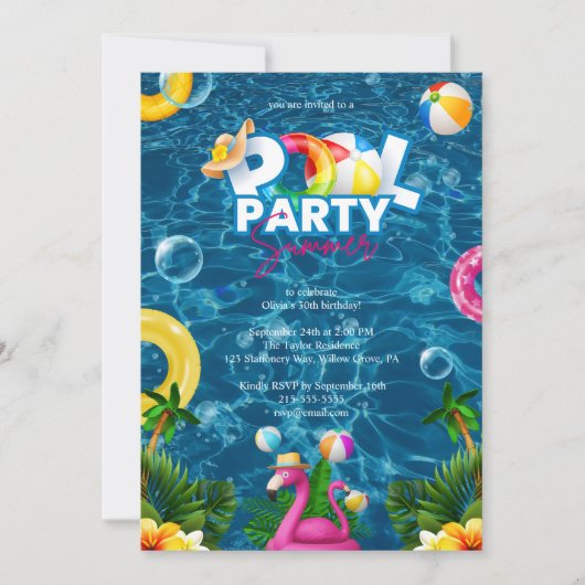Rainbow Pool Party Birthday Invitation  招待状 (正面)