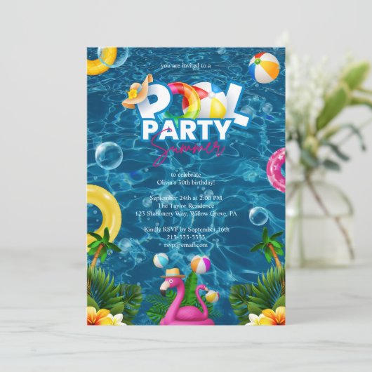 Rainbow Pool Party Birthday Invitation 招待状 (スタンド正面)