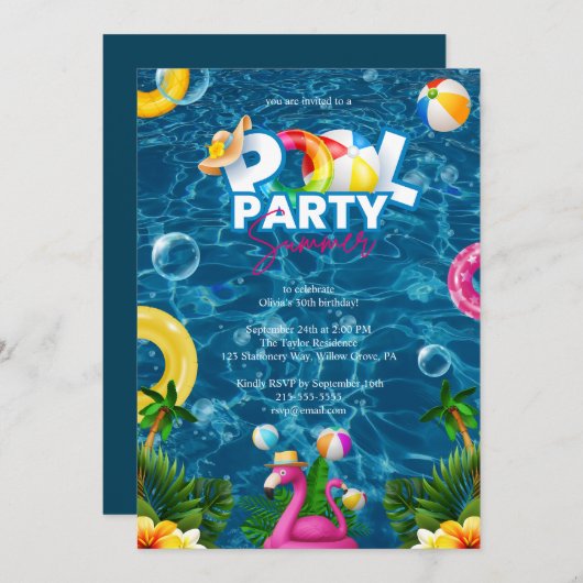 Rainbow Pool Party Birthday Invitation  招待状 (正面/裏面)