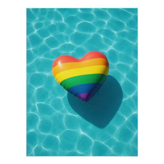  Rainbow Pride Heart Floating in Turquoise Pool ポスター (正面)