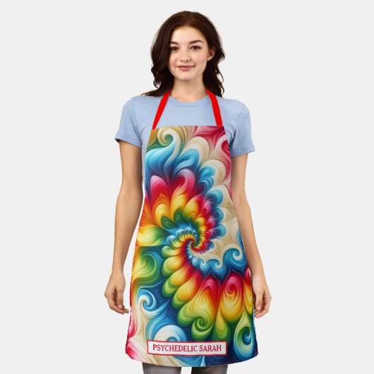 Rainbow Psychedelic Tie-Dye Apron エプロン (着用した状態)