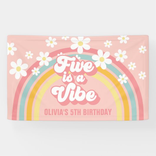 Rainbow Retro Five is a Vibe グルーヴィーな5歳の誕生日 横断幕 (横)