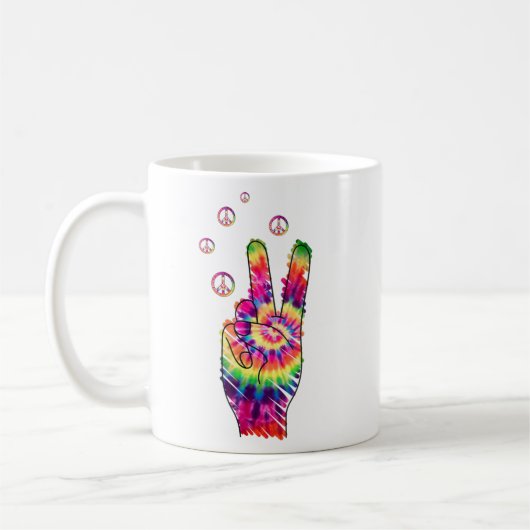 Rainbow Retro Tie Dye Psychedelic Peace Sign Hand コーヒーマグカップ (左)