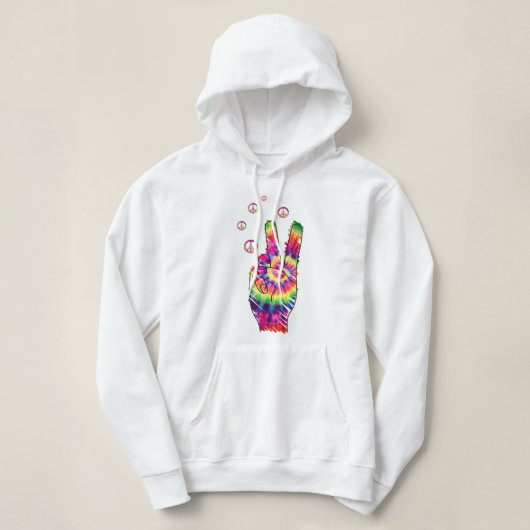 Rainbow Retro Tie Dye Psychedelic Peace Sign Hand パーカ (デザイン正面)