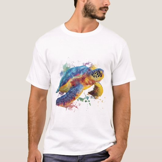 Rainbow Sea Turtle — Vibrant Watercolor-Style Spla Tシャツ (正面)