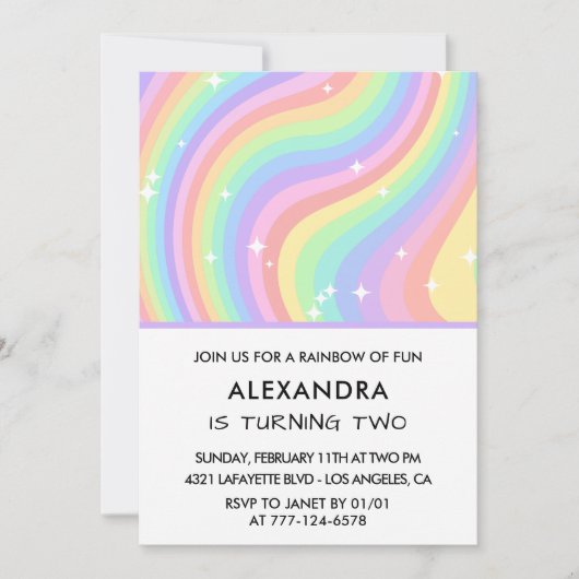 Rainbow Second Birthday Modern Girl 招待状 (正面)