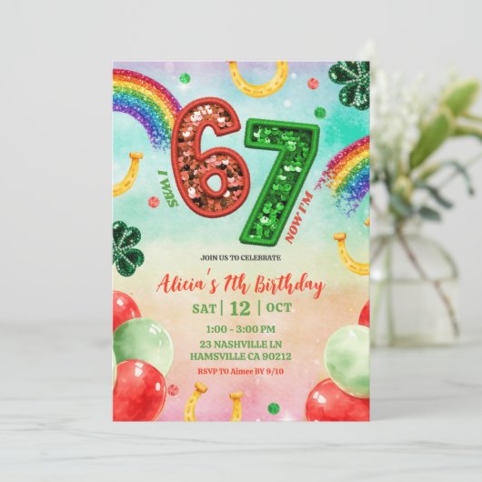 Rainbow Sequin Glitter 67 St Patrick Birthday 招待状 (スタンド正面)